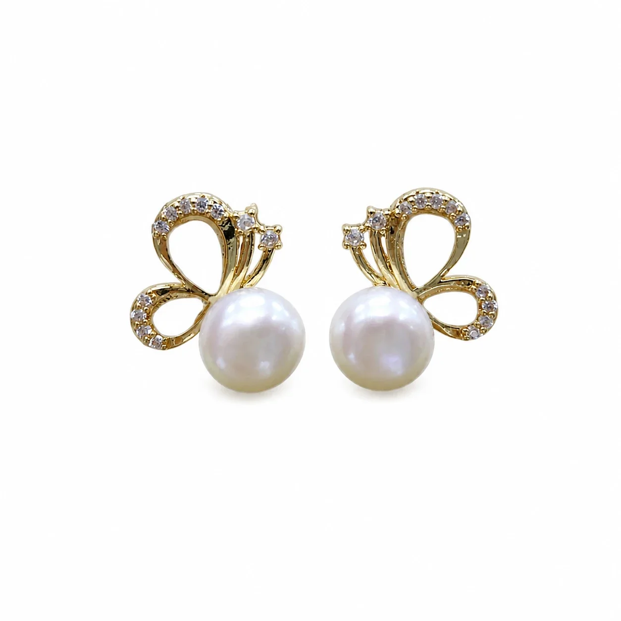 Delicate Gold-Plated Pavé Butterfly Pearl Stud Earrings