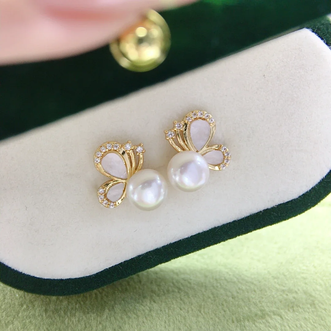 Delicate Gold-Plated Pavé Butterfly Pearl Stud Earrings