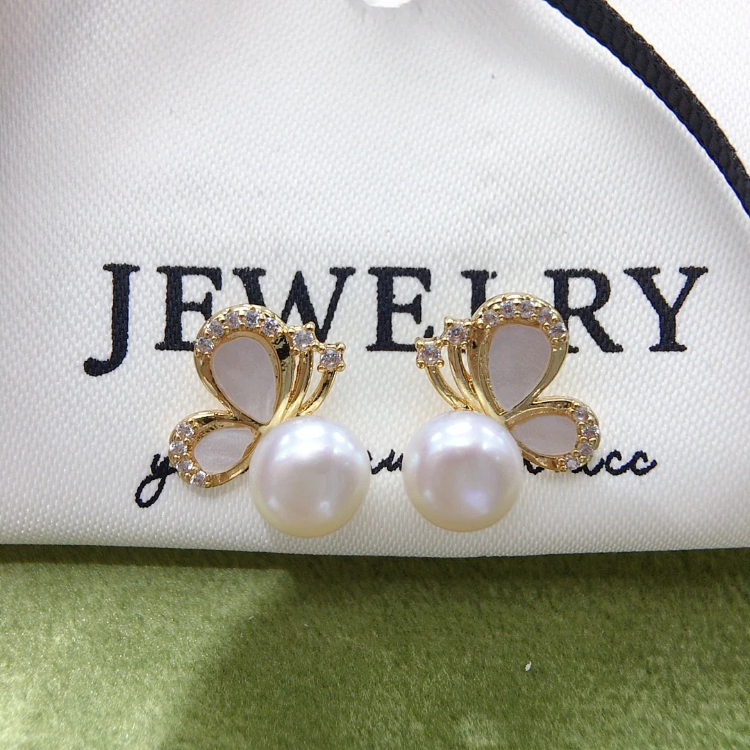 Delicate Gold-Plated Pavé Butterfly Pearl Stud Earrings