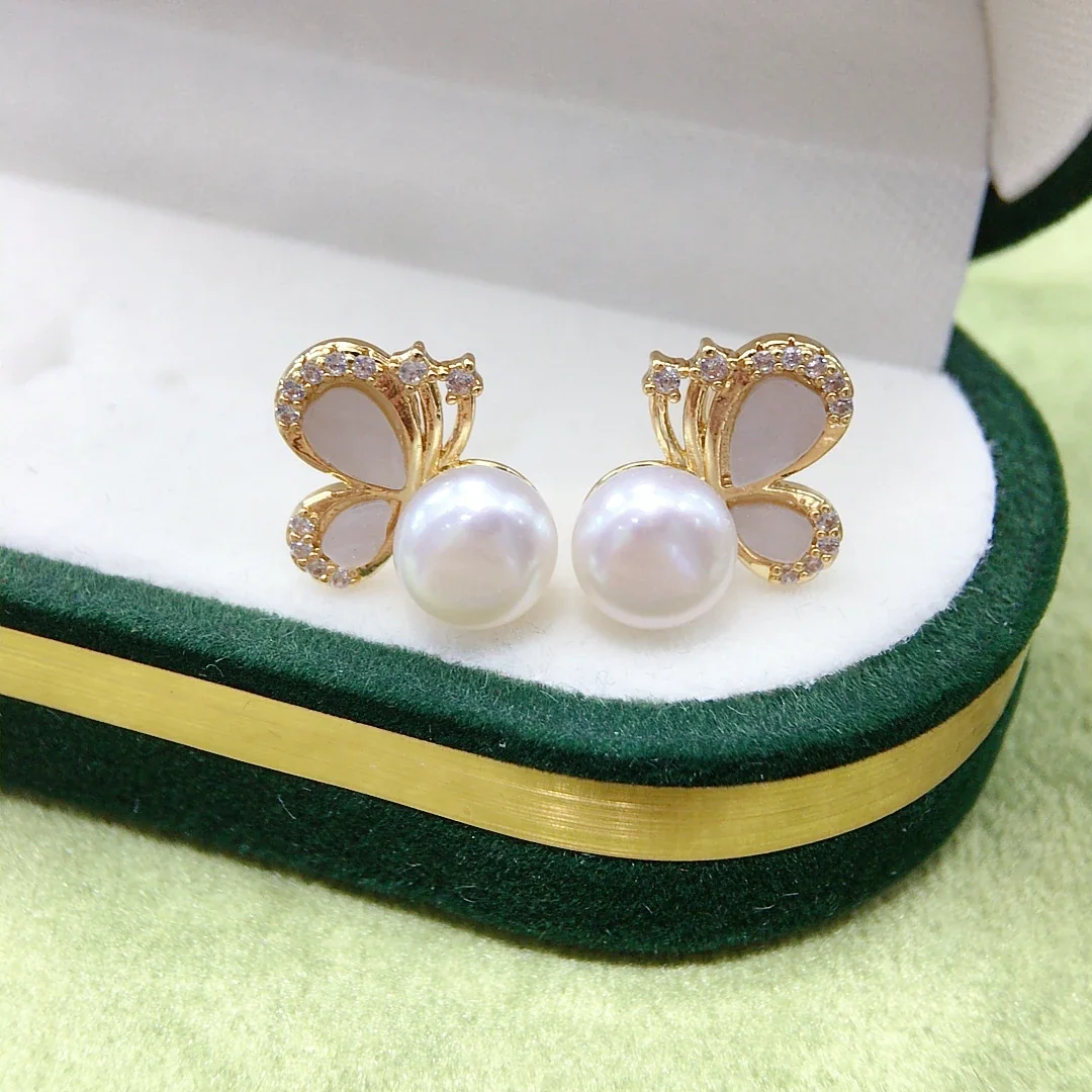 Delicate Gold-Plated Pavé Butterfly Pearl Stud Earrings
