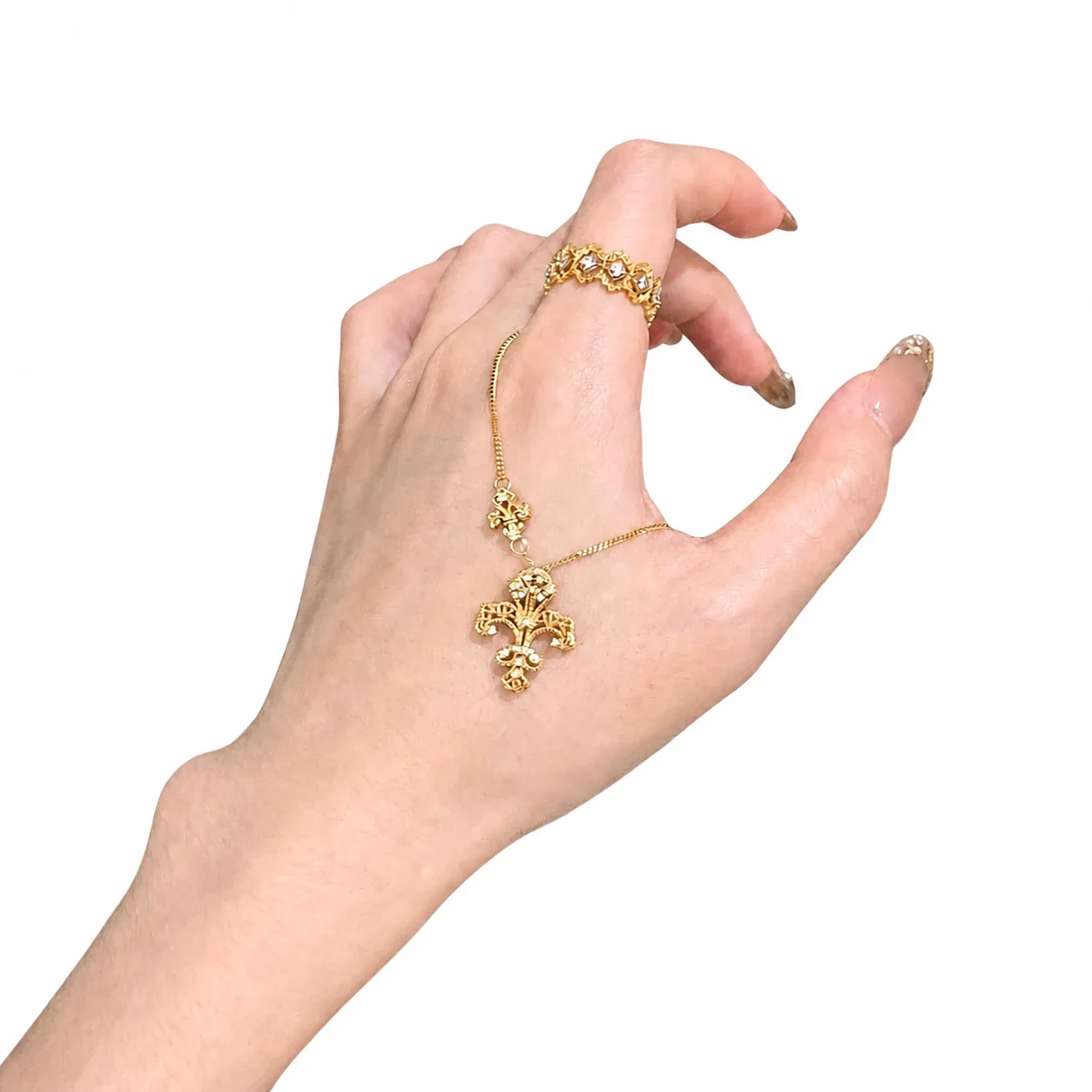 Ornate Gold-Plated Fleur-de-Lis Station Copper Necklace