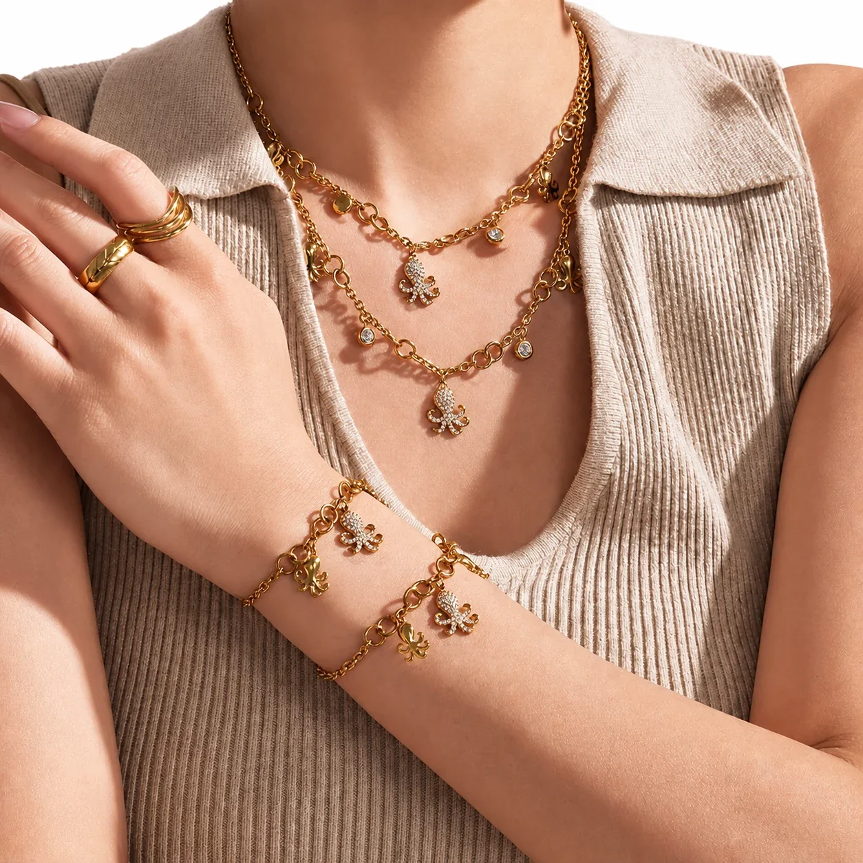 Octopus Charm Gold-Plated CZ Link Stainless Steel Bracelet