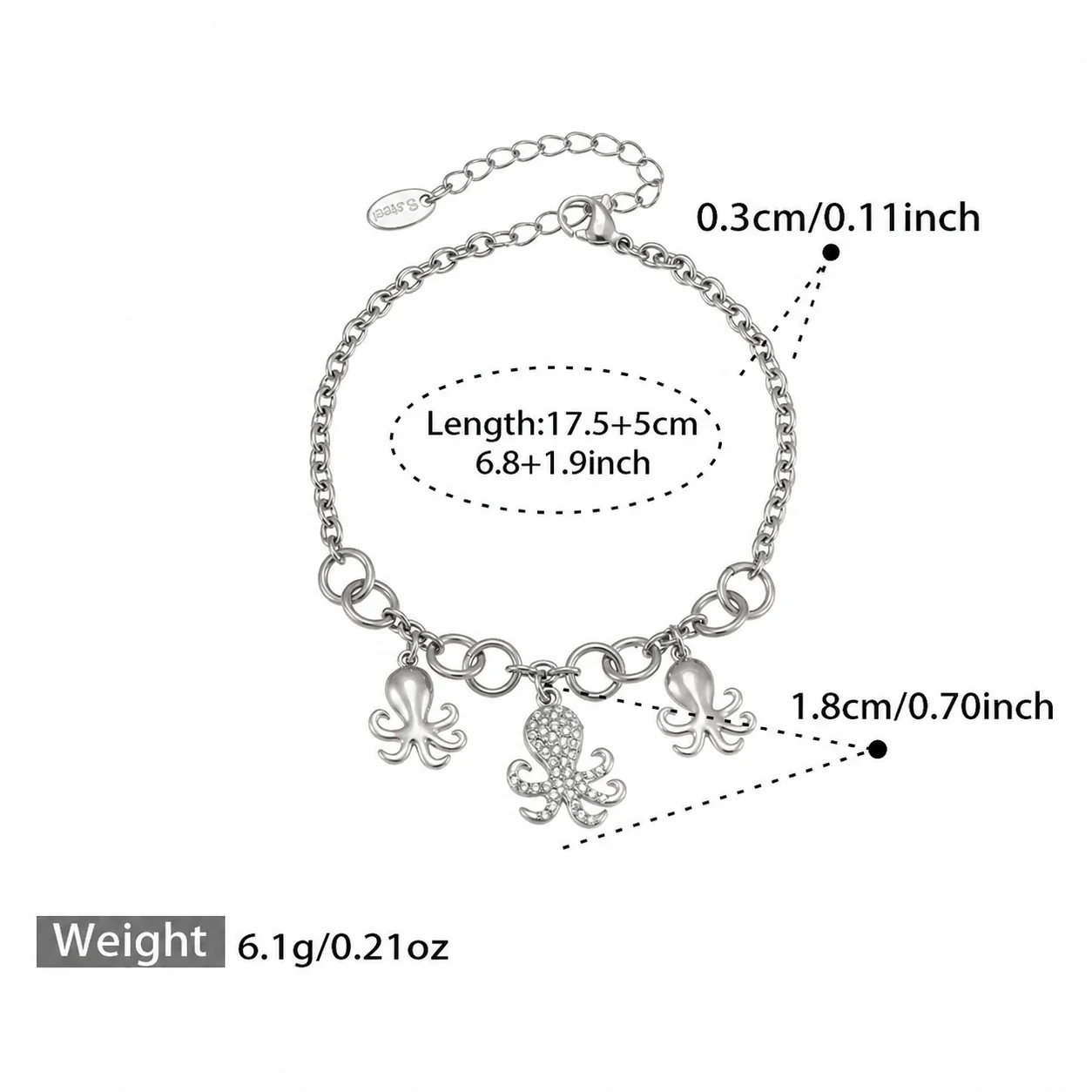 Octopus Charm Gold-Plated CZ Link Stainless Steel Bracelet - Silver