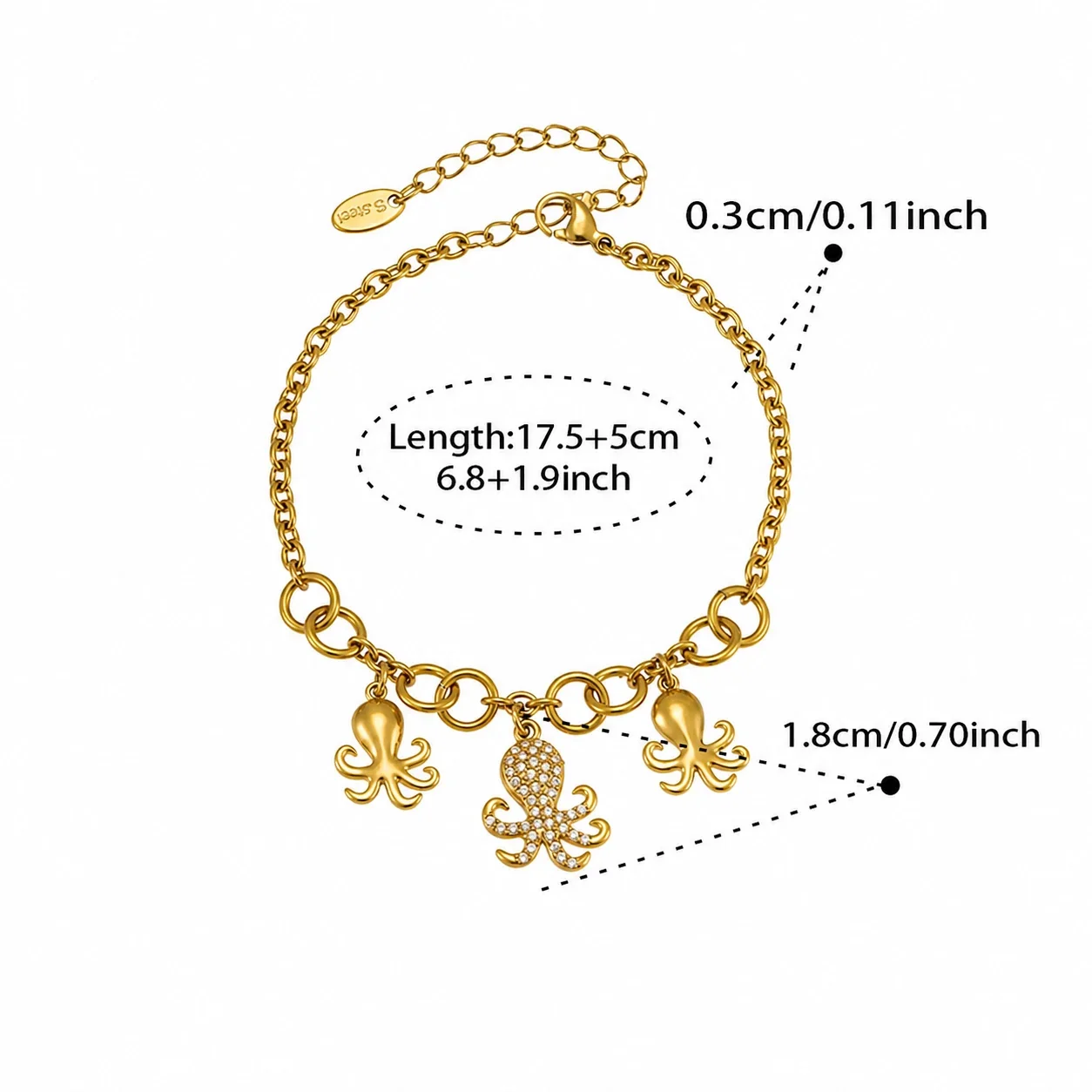 Octopus Charm Gold-Plated CZ Link Stainless Steel Bracelet - Gold