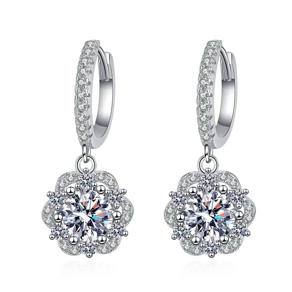 Floral Halo 925 Sterling Silver Pavé Hoop Drop Earrings
