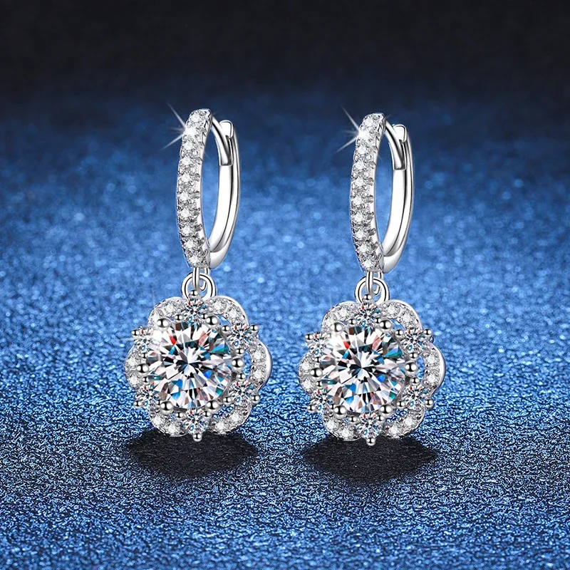Floral Halo 925 Sterling Silver Pavé Hoop Drop Earrings