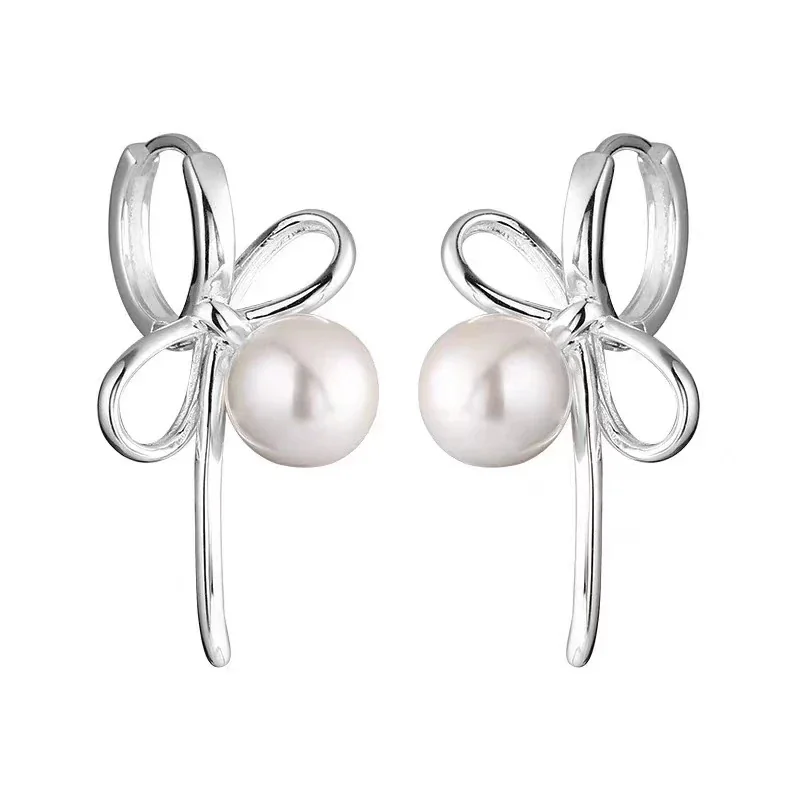 Delicate Electroplated Bow Pearl-Effect Hoop Earrings