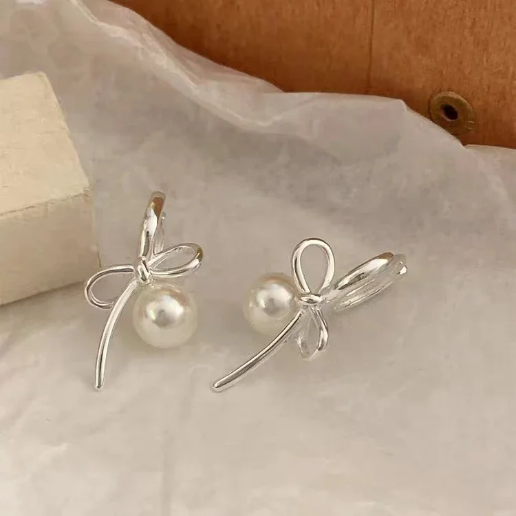 Delicate Electroplated Bow Pearl-Effect Hoop Earrings