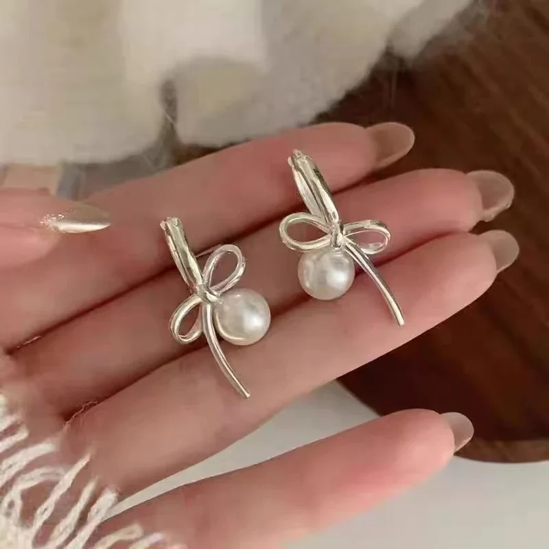 Delicate Electroplated Bow Pearl-Effect Hoop Earrings