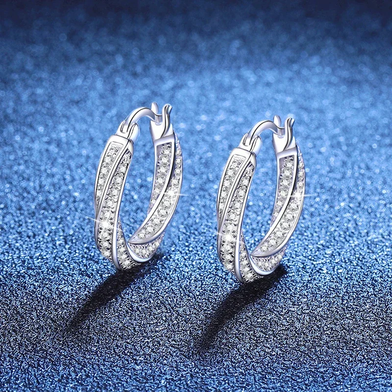 Twisted Pavé Moissanite 925 Sterling Silver Hoop Earrings