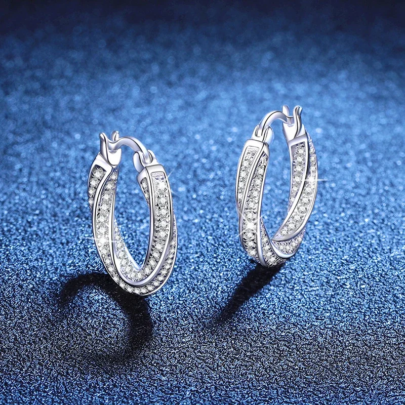Twisted Pavé Moissanite 925 Sterling Silver Hoop Earrings