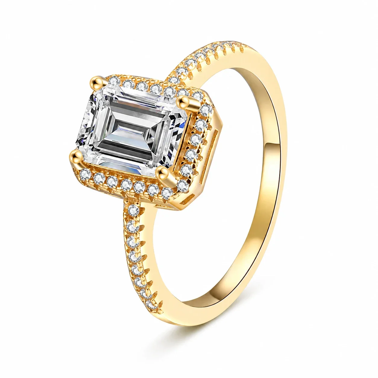 Radiant Emerald-Cut Halo 925 Sterling Silver Ring