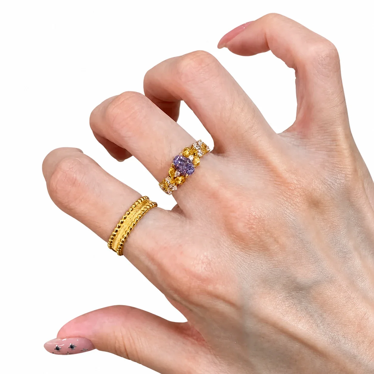 Ornate Gold-Plated Purple Oval Crystal Floral Copper Ring