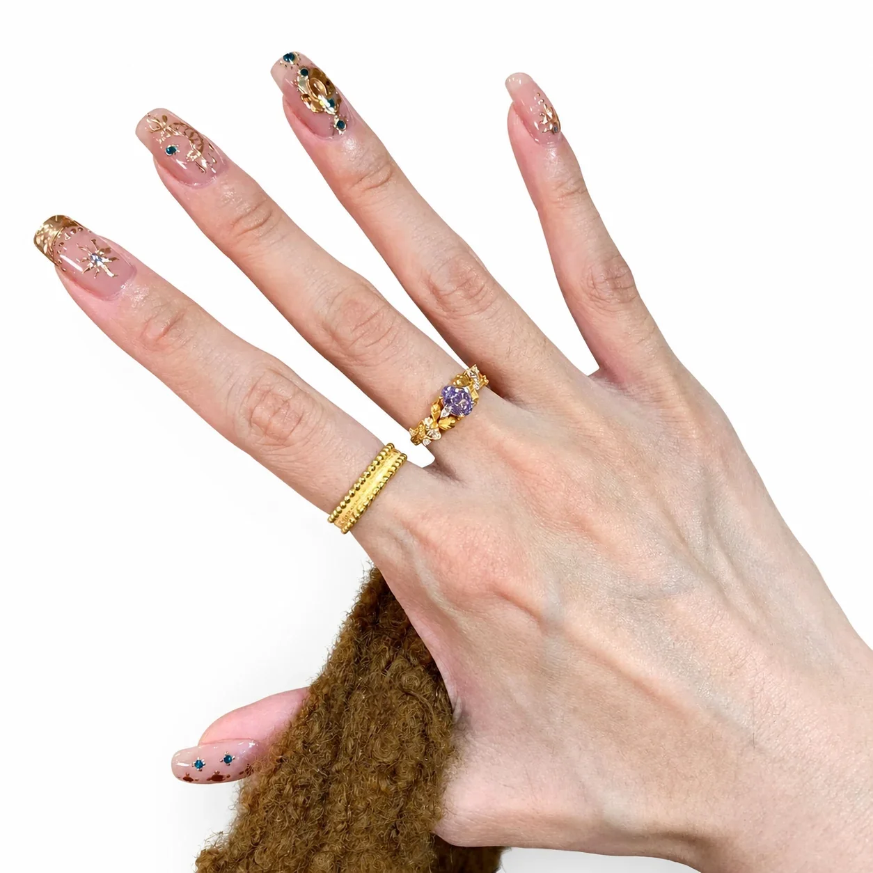 Ornate Gold-Plated Purple Oval Crystal Floral Copper Ring