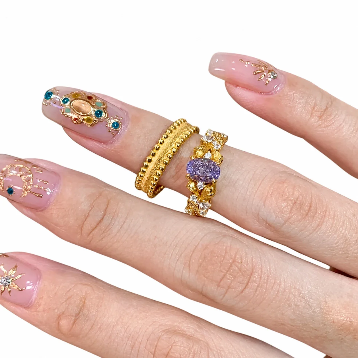 Ornate Gold-Plated Purple Oval Crystal Floral Copper Ring