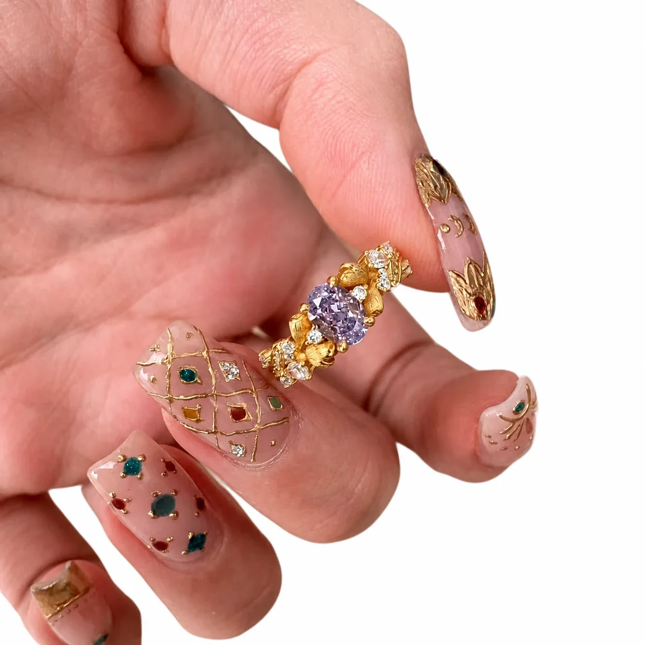 Ornate Gold-Plated Purple Oval Crystal Floral Copper Ring