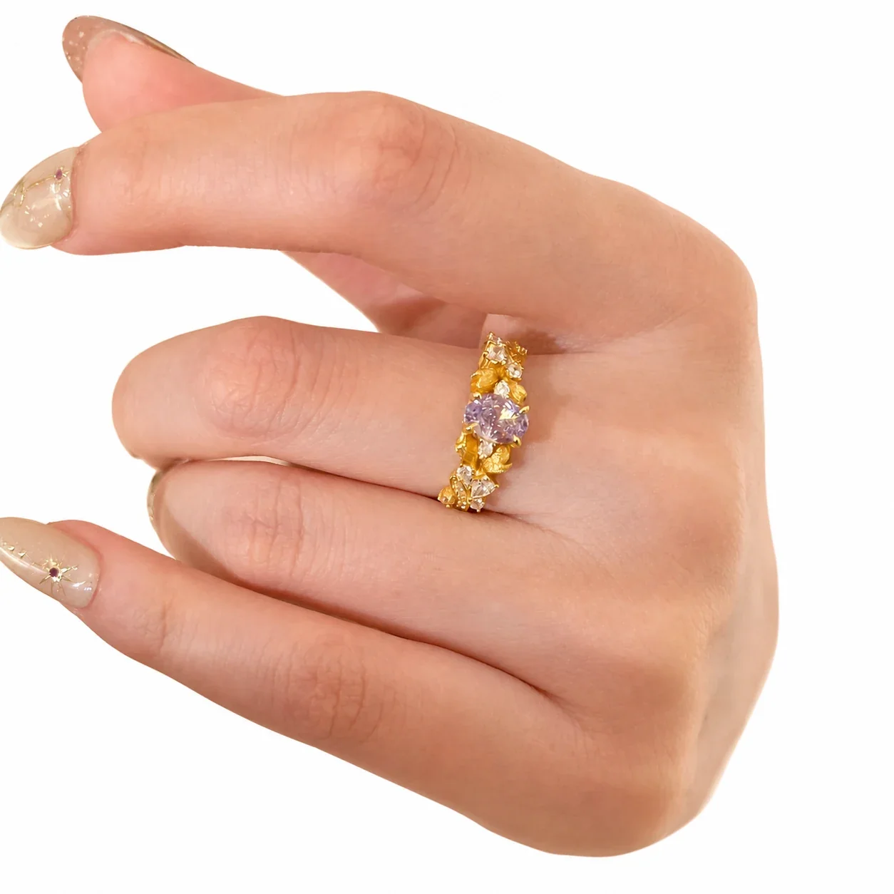Ornate Gold-Plated Purple Oval Crystal Floral Copper Ring
