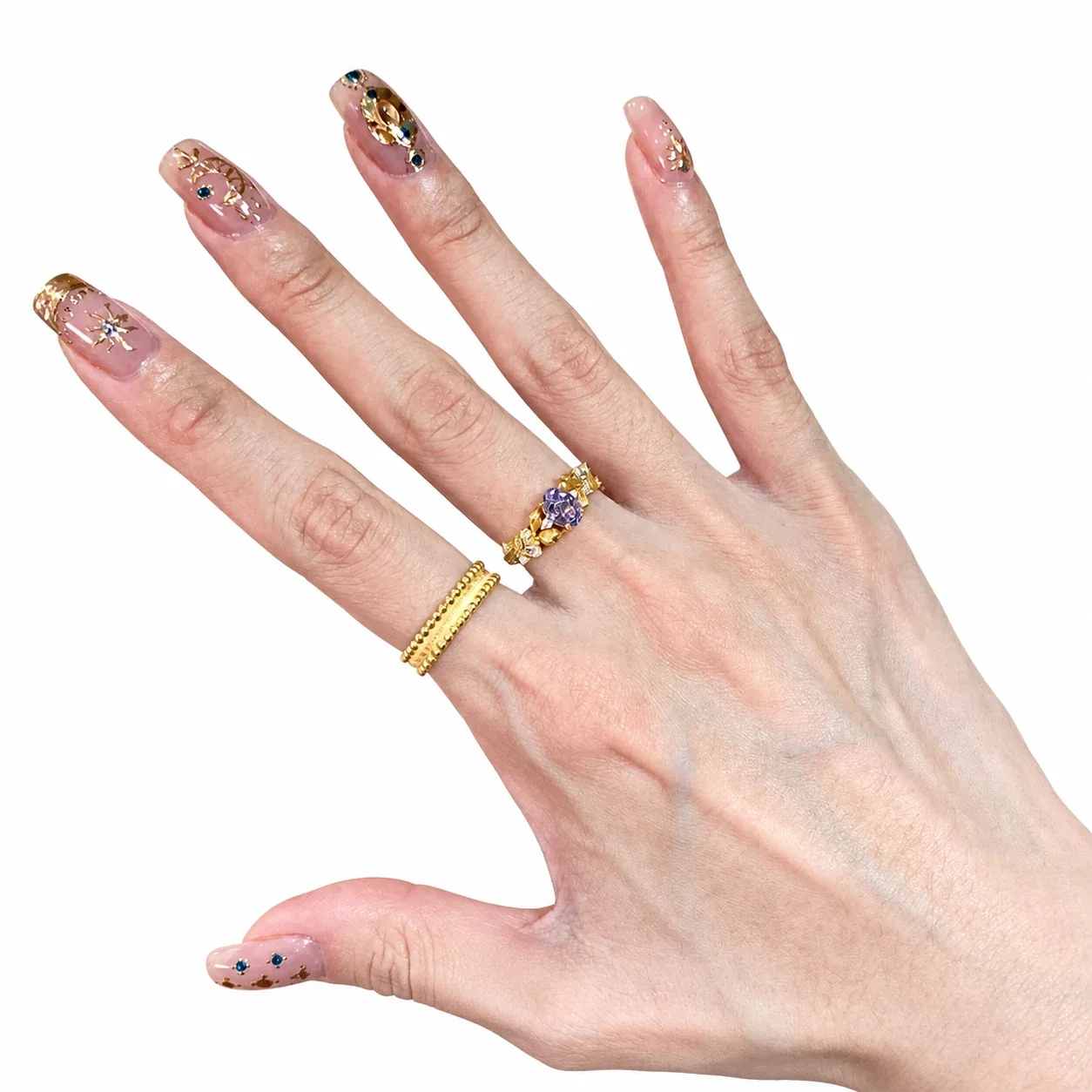 Ornate Gold-Plated Purple Oval Crystal Floral Copper Ring - Gold Brushed Beaded Edge