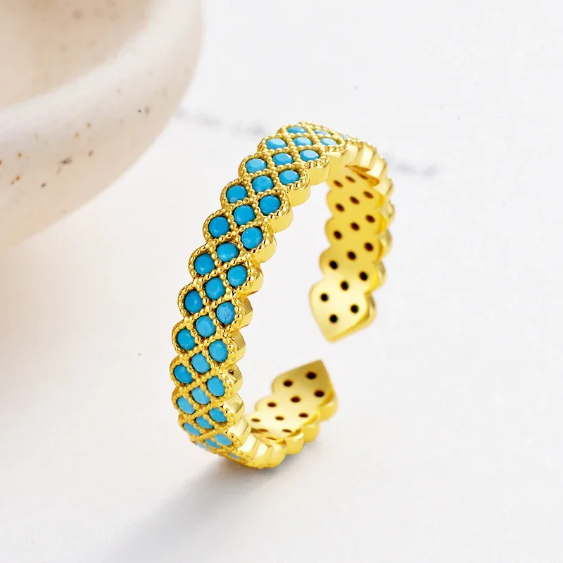 Turquoise Lattice Pave Open 925 Sterling Silver Ring