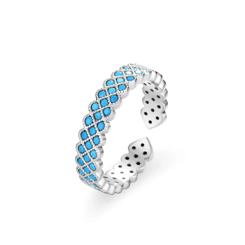 Turquoise Lattice Pave Open 925 Sterling Silver Ring - Silver
