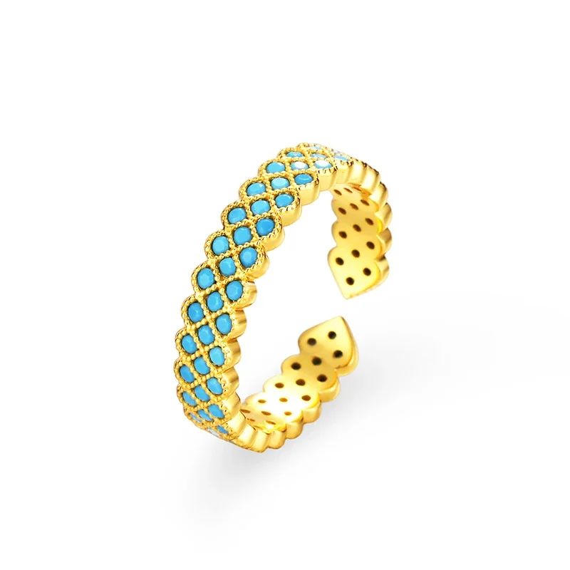 Turquoise Lattice Pave Open 925 Sterling Silver Ring - Gold