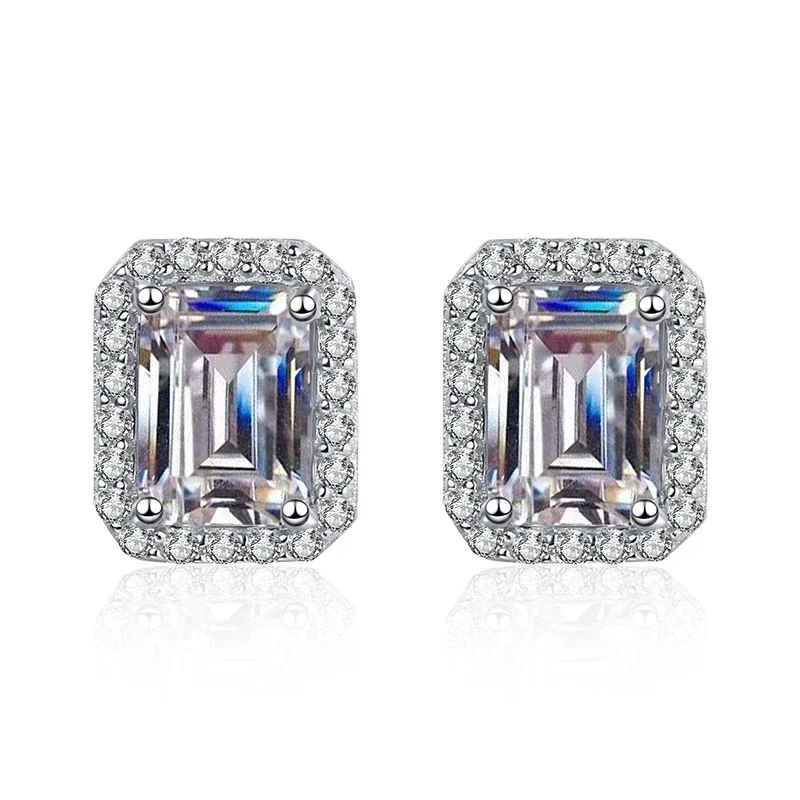 Geometric 925 Sterling Silver Emerald-Cut Halo Stud Earrings