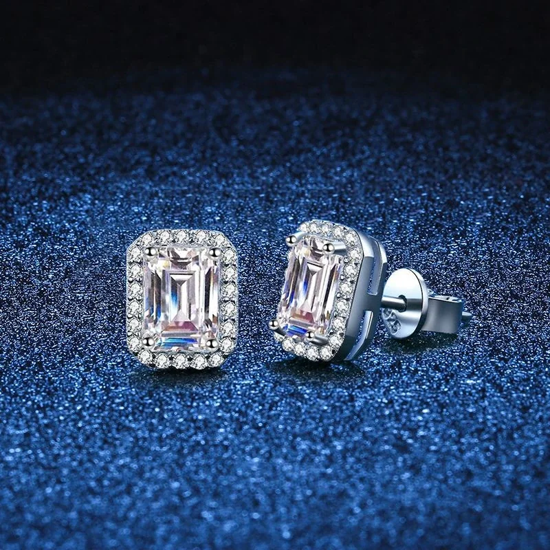 Geometric 925 Sterling Silver Emerald-Cut Halo Stud Earrings