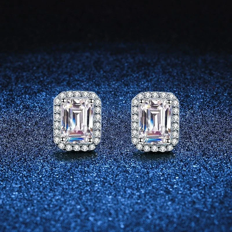 Geometric 925 Sterling Silver Emerald-Cut Halo Stud Earrings