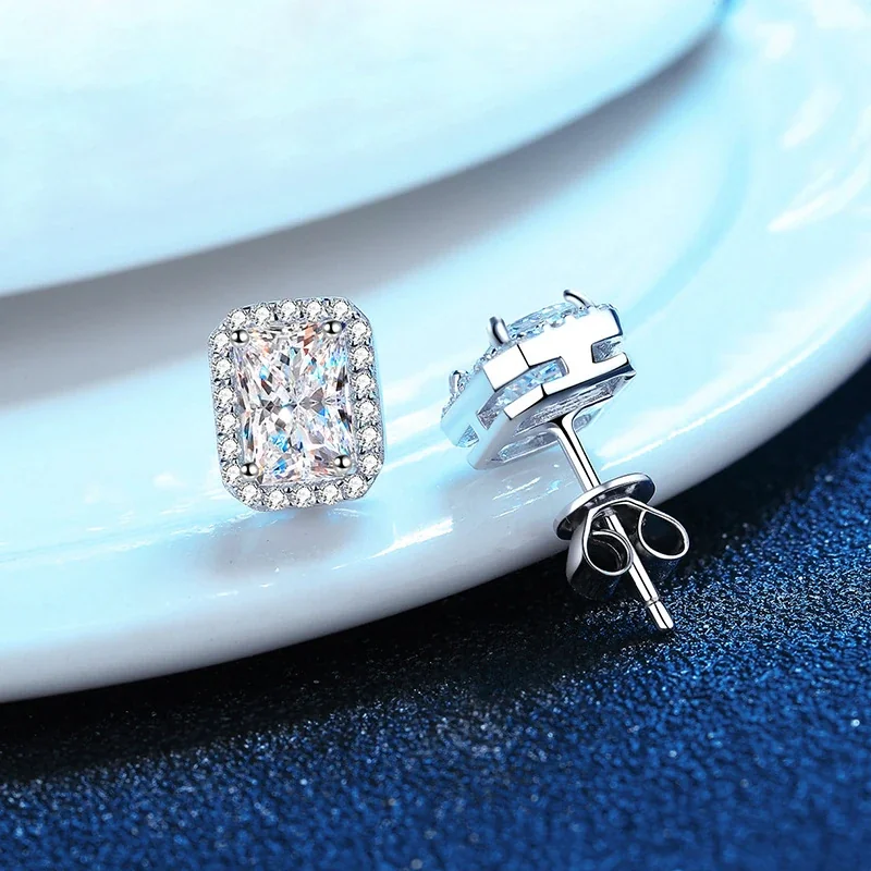 Geometric 925 Sterling Silver Emerald-Cut Halo Stud Earrings