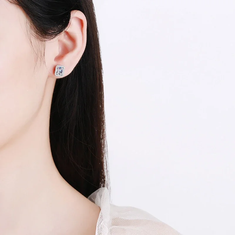 Geometric 925 Sterling Silver Emerald-Cut Halo Stud Earrings