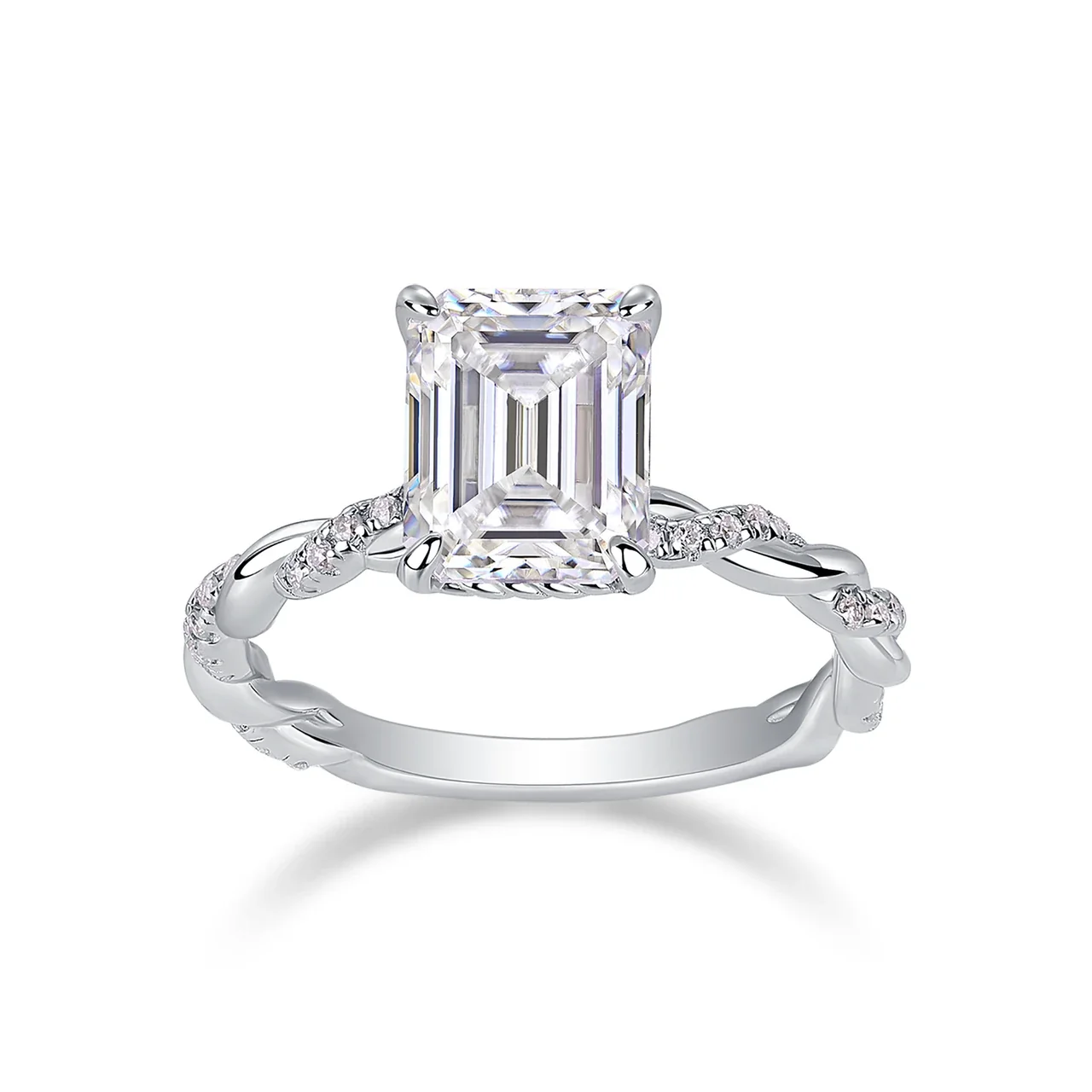 Twisted Emerald-Cut Pavé Moissanite 925 Sterling Silver Ring