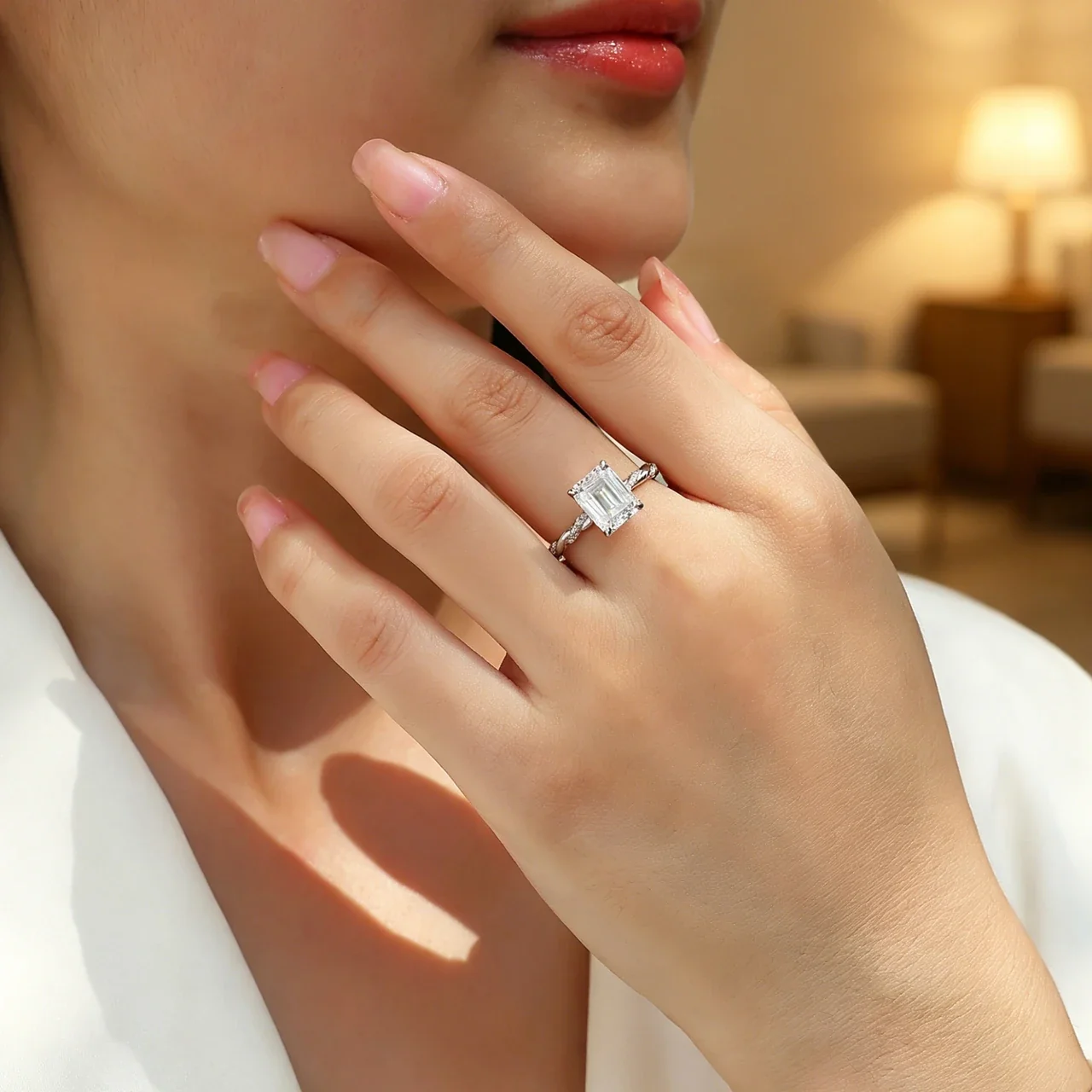 Twisted Emerald-Cut Pavé Moissanite 925 Sterling Silver Ring