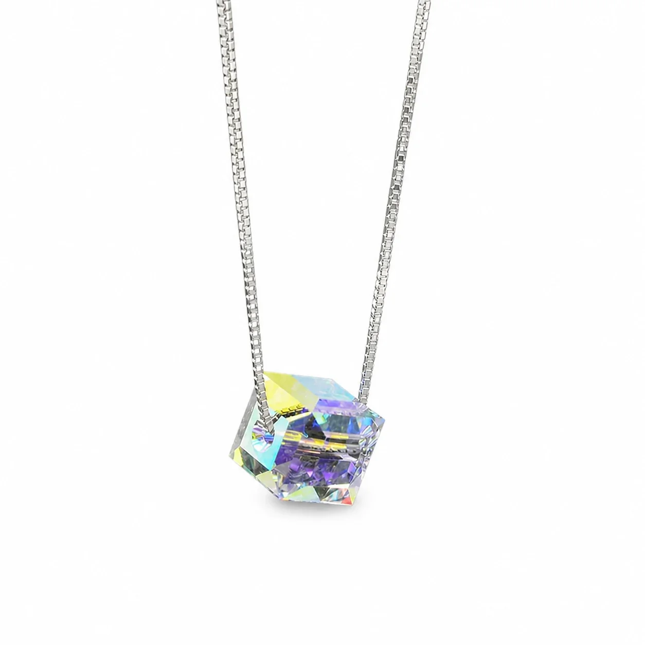 Luminous 925 Sterling Silver Aurora Cube Box Chain Necklace