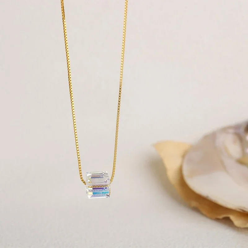 Luminous 925 Sterling Silver Aurora Cube Box Chain Necklace