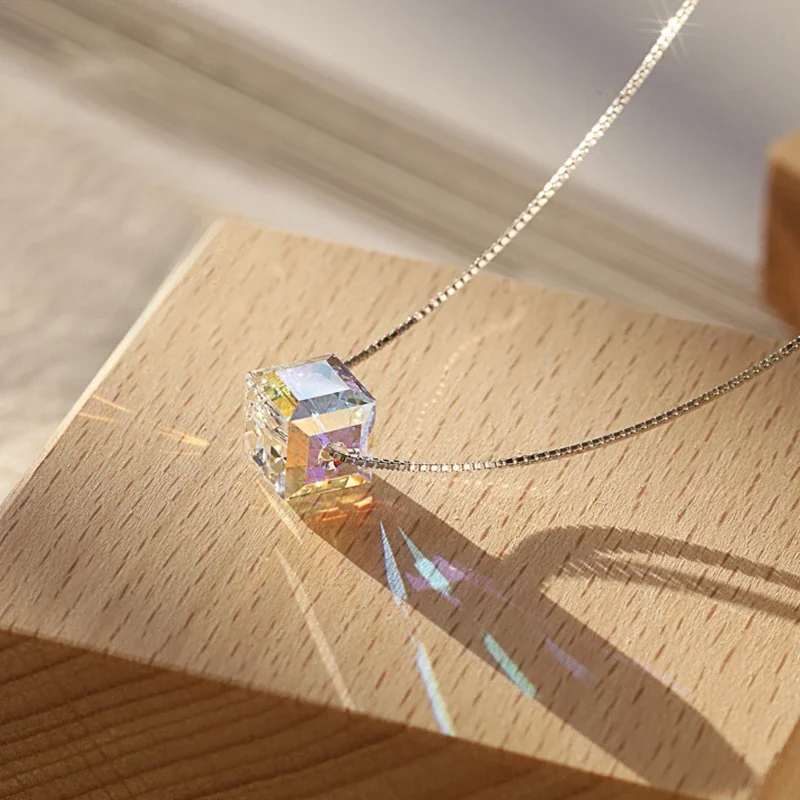 Luminous 925 Sterling Silver Aurora Cube Box Chain Necklace