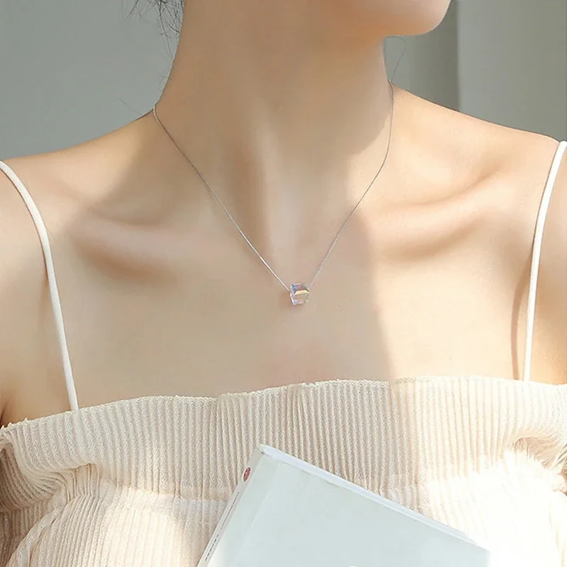 Luminous 925 Sterling Silver Aurora Cube Box Chain Necklace
