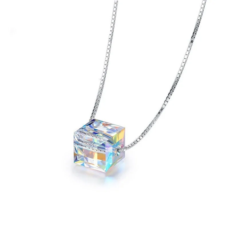 Luminous 925 Sterling Silver Aurora Cube Box Chain Necklace - Silver 6 mm