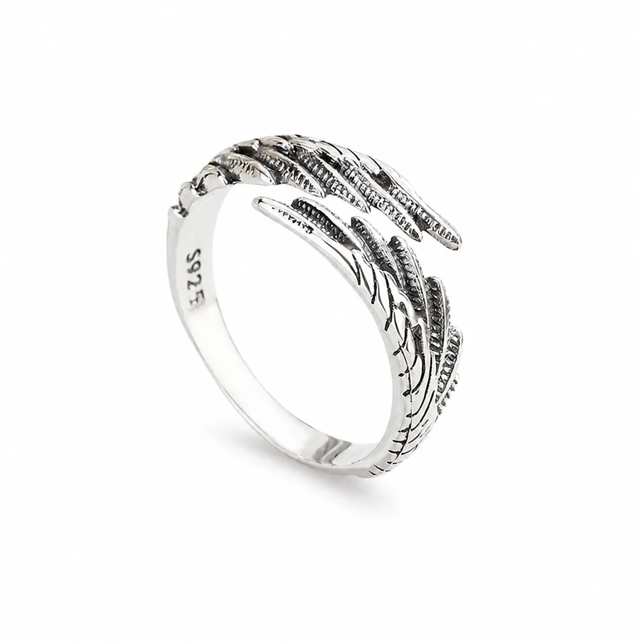 Sculptural 925 Sterling Silver Open-Front Feather Wing Ring