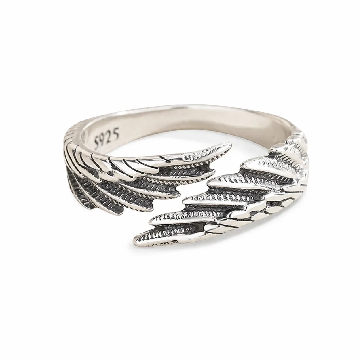 Sculptural 925 Sterling Silver Open-Front Feather Wing Ring