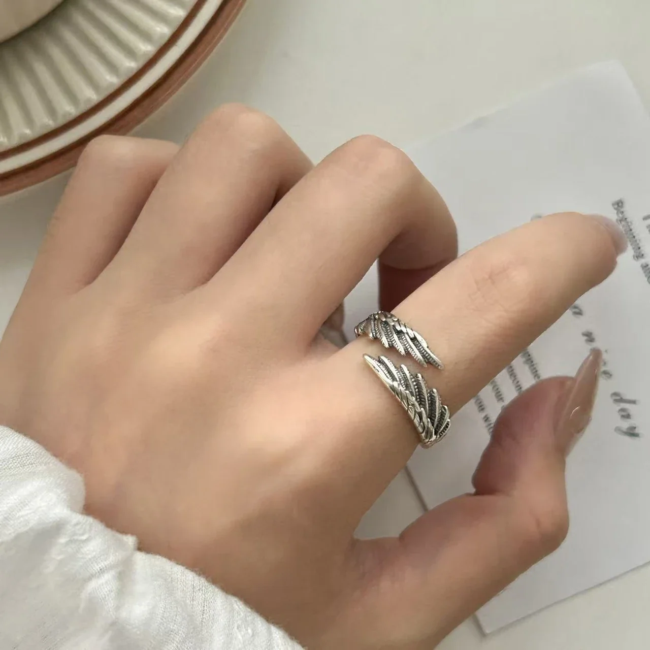 Sculptural 925 Sterling Silver Open-Front Feather Wing Ring