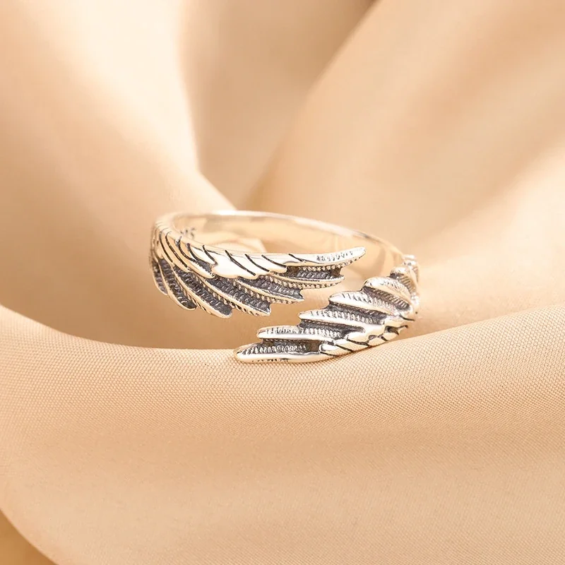 Sculptural 925 Sterling Silver Open-Front Feather Wing Ring