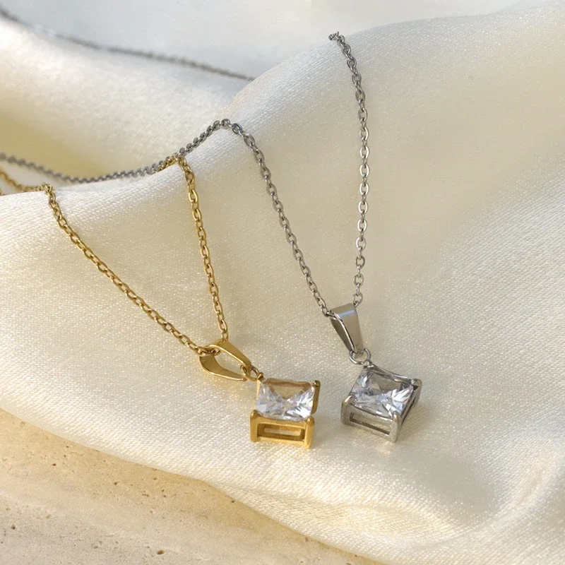 Refined Princess-Cut Square Stainless Steel Pendant Necklace