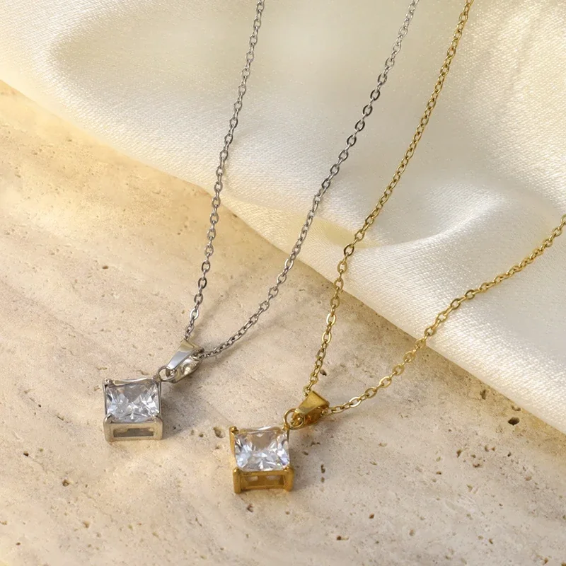 Refined Princess-Cut Square Stainless Steel Pendant Necklace