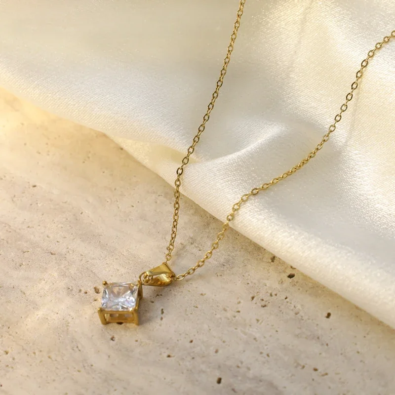 Refined Princess-Cut Square Stainless Steel Pendant Necklace