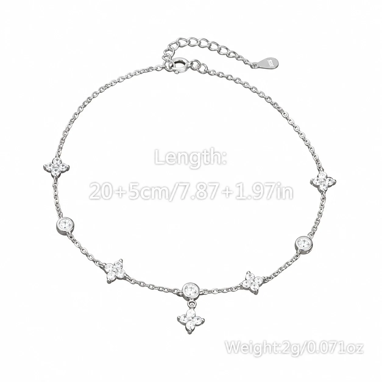 Delicate 925 Sterling Silver Clover & Bezel CZ Anklet