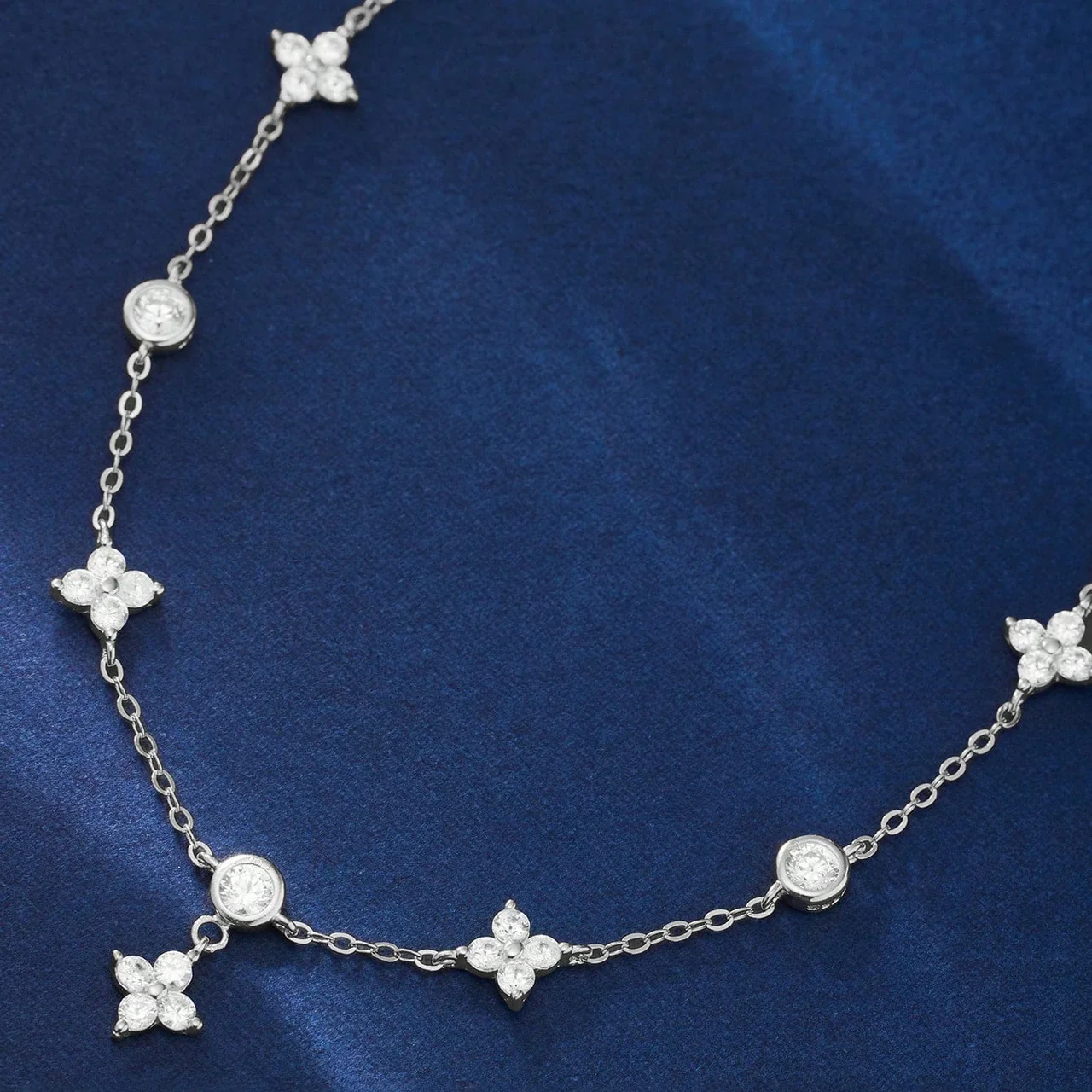 Delicate 925 Sterling Silver Clover & Bezel CZ Anklet