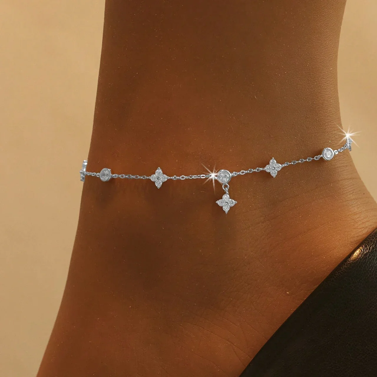 Delicate 925 Sterling Silver Clover & Bezel CZ Anklet - Silver