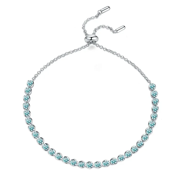 Aqua Round Moissanite Slider 925 Sterling Silver Bracelet