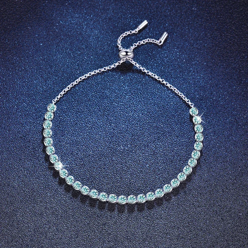 Aqua Round Moissanite Slider 925 Sterling Silver Bracelet