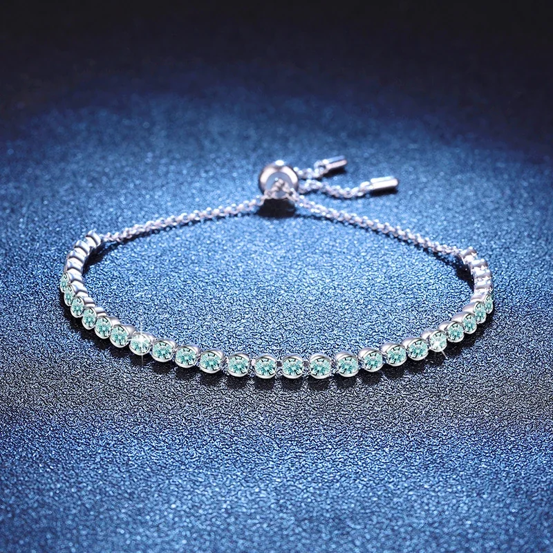 Aqua Round Moissanite Slider 925 Sterling Silver Bracelet